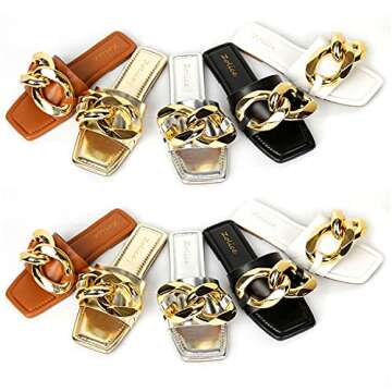 Zolice Women's Slide Sandals Open Toe Flat Sandals Anti-slip Lightweight Slide Sandals for Women Big Metal Chain Leather Slides Shoes (black, x, numeric_7)