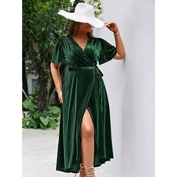 BerryGo Women's Plus Size Velvet Wrap Dress V Neck Cocktail Short Sleeve Semi Formal Maxi Dress - Em...