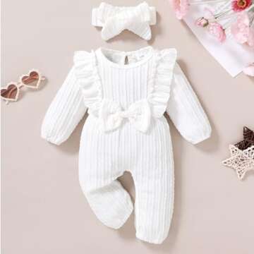 Happy Town Baby Girl Romper Infant Fall Winter Clothes Ruffle Sweater Long Sleeve Bodysuit Jumpsuit and Headband