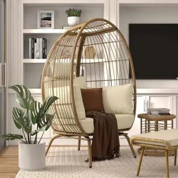 YITAHOME Egg Chair Outdoor, 370lbs Capacity Wicker Patio Basket Chair, All-Weather Oversized Stationary Egg Lounger Chair for Indoor Living Room Outside Balcony Backyard (Beige)