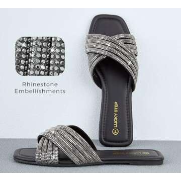 LUCKY STEP Women's Rhinestone Flat Sandals Open Toe Summer Glitter Bling Sparkle Dressy Slip on Outdoor Crossed Strap Slide(Black,6 B(M) US)