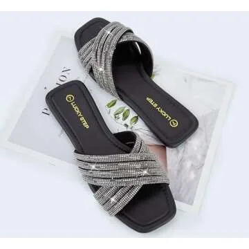 LUCKY STEP Women's Rhinestone Flat Sandals Open Toe Summer Glitter Bling Sparkle Dressy Slip on Outdoor Crossed Strap Slide(Black,6 B(M) US)