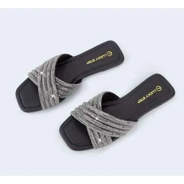 LUCKY STEP Women's Rhinestone Flat Sandals Open Toe Summer Glitter Bling Sparkle Dressy Slip on Outdoor Crossed Strap Slide(Black,6 B(M) US)
