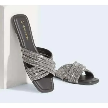 LUCKY STEP Women's Rhinestone Flat Sandals Open Toe Summer Glitter Bling Sparkle Dressy Slip on Outdoor Crossed Strap Slide(Black,6 B(M) US)
