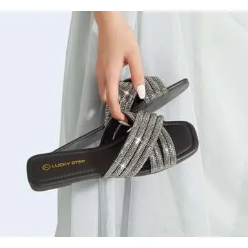 LUCKY STEP Women's Rhinestone Flat Sandals Open Toe Summer Glitter Bling Sparkle Dressy Slip on Outdoor Crossed Strap Slide(Black,6 B(M) US)