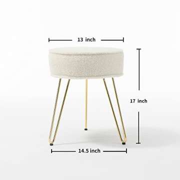 C COMFORTLAND Sherpa Fuzzy Bedroom Stool for Vanity Desk, Small Fluffy Makeup Chair for Dressing Table, Furry Round Ottoman Foot Stool for Bathroom, Living Room, Kids Room White