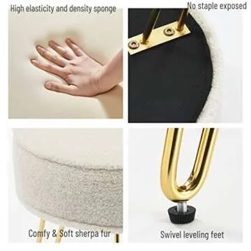 C COMFORTLAND Sherpa Fuzzy Bedroom Stool for Vanity Desk, Small Fluffy Makeup Chair for Dressing Table, Furry Round Ottoman Foot Stool for Bathroom, Living Room, Kids Room White