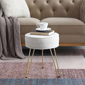 C COMFORTLAND Sherpa Fuzzy Bedroom Stool for Vanity Desk, Small Fluffy Makeup Chair for Dressing Table, Furry Round Ottoman Foot Stool for Bathroom, Living Room, Kids Room White