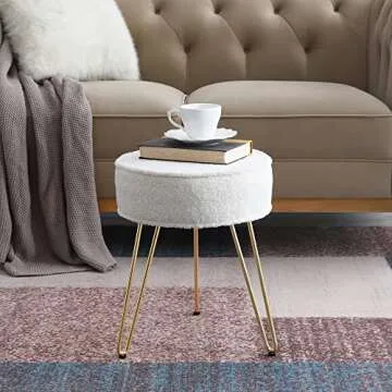 C COMFORTLAND Sherpa Fuzzy Bedroom Stool for Vanity Desk, Small Fluffy Makeup Chair for Dressing Table, Furry Round Ottoman Foot Stool for Bathroom, Living Room, Kids Room White
