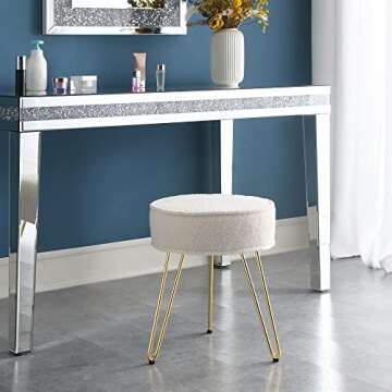 C COMFORTLAND Sherpa Fuzzy Bedroom Stool for Vanity Desk, Small Fluffy Makeup Chair for Dressing Table, Furry Round Ottoman Foot Stool for Bathroom, Living Room, Kids Room White