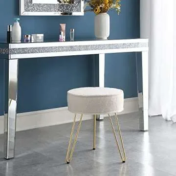C COMFORTLAND Sherpa Fuzzy Bedroom Stool for Vanity Desk, Small Fluffy Makeup Chair for Dressing Table, Furry Round Ottoman Foot Stool for Bathroom, Living Room, Kids Room White