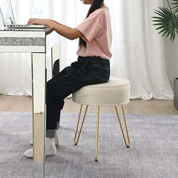 C COMFORTLAND Sherpa Fuzzy Bedroom Stool for Vanity Desk, Small Fluffy Makeup Chair for Dressing Table, Furry Round Ottoman Foot Stool for Bathroom, Living Room, Kids Room White