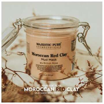 Majestic Pure Moroccan Red Clay Facial Mud Mask with British Rose - Natural Skin Care Mask 10 oz