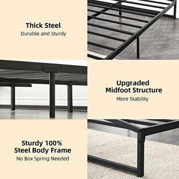 IDEALHOUSE Low Bed Frame Queen Size, 10 Inch Heavy Duty Metal Platform Queen Bed Frame Low Profile, Mattress Foundation, No Box Spring Needed, Noise-Free, Non-Slip, Easy Assembly, Black