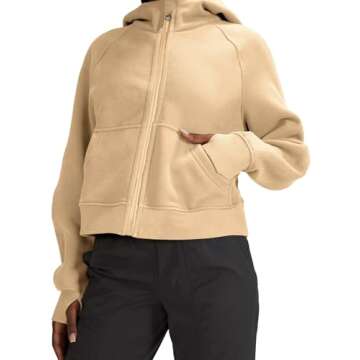 LASLULU Womens Athletic Hoodies Zipper Long Sleeve Crop Tops Oversized Winter Warm Sweater Fleece Lined Sweatshirt Workout Tops with Thumb Hole(Khaki-Medium)
