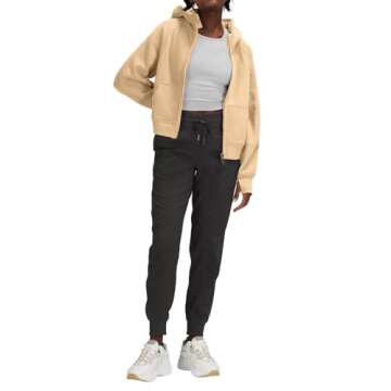 LASLULU Womens Athletic Hoodies Zipper Long Sleeve Crop Tops Oversized Winter Warm Sweater Fleece Lined Sweatshirt Workout Tops with Thumb Hole(Khaki-Medium)