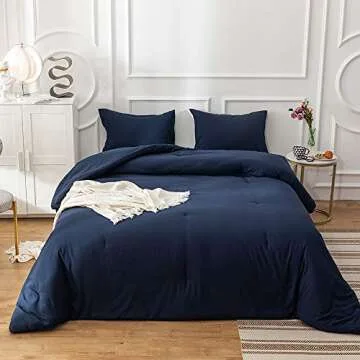 Cottonight Navy Blue Comforter Full Set Dark Blue Bedding Comforter Set Full Solid Color Modern Soft Breathable Quilts Dark Color Men Boys Blanket Cotton Comforter with 2 Pillowcases