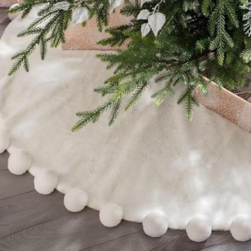 ORTIGIA White Christmas Tree Skirt 48 Inch with Pom POM, White Faux Fur Soft Plush Christmas Xmas Tr...