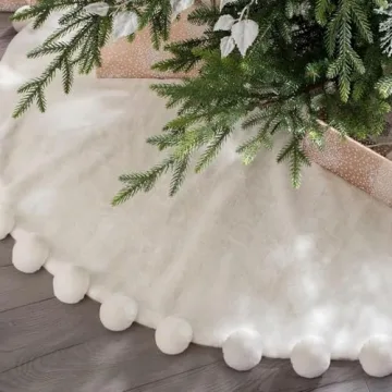 ORTIGIA White Christmas Tree Skirt 48 Inch with Pom POM, White Faux Fur Soft Plush Christmas Xmas Tr...