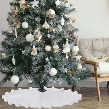 Elegant 48 Inch White Christmas Tree Skirt with Pom Poms