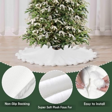 Elegant 48 Inch White Christmas Tree Skirt with Pom Poms