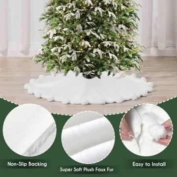 Elegant 48 Inch White Christmas Tree Skirt with Pom Poms