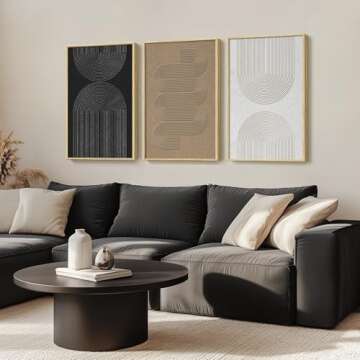 Large Framed Black and White Brown Abstract Wall Art Set - 3 Piece Minimalist Canvas Prints for Livi...