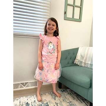 RETSUGO Toddler Girls 2pc Skirt Set Summer Birthday Outfit Kids Ruffle Unicorn Shirt Rainbow Tulle S...