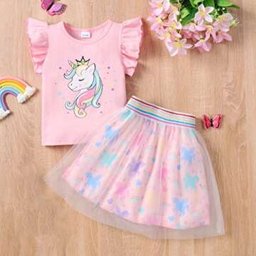RETSUGO Toddler Girls 2pc Skirt Set Summer Birthday Outfit Kids Ruffle Unicorn Shirt Rainbow Tulle Skirts Tutu Dress Pink 4-5 Years,5t
