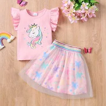 RETSUGO Toddler Girls 2pc Skirt Set Summer Birthday Outfit Kids Ruffle Unicorn Shirt Rainbow Tulle Skirts Tutu Dress Pink 4-5 Years,5t