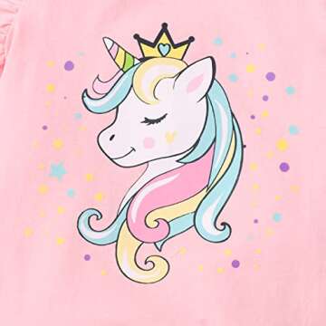 RETSUGO Toddler Girls 2pc Skirt Set Summer Birthday Outfit Kids Ruffle Unicorn Shirt Rainbow Tulle Skirts Tutu Dress Pink 4-5 Years,5t