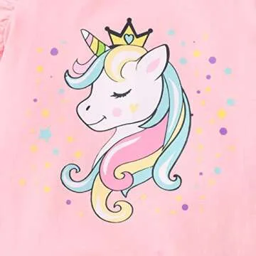 RETSUGO Toddler Girls 2pc Skirt Set Summer Birthday Outfit Kids Ruffle Unicorn Shirt Rainbow Tulle Skirts Tutu Dress Pink 4-5 Years,5t