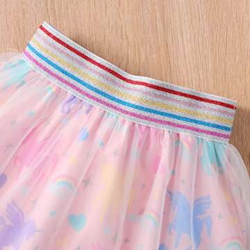 RETSUGO Toddler Girls 2pc Skirt Set Summer Birthday Outfit Kids Ruffle Unicorn Shirt Rainbow Tulle Skirts Tutu Dress Pink 4-5 Years,5t