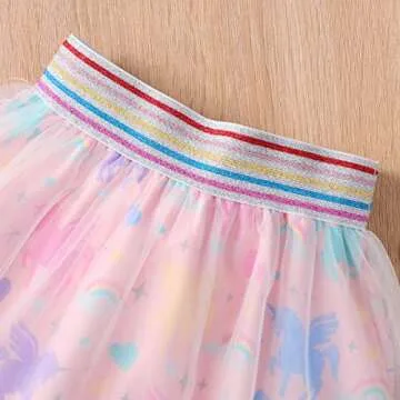 RETSUGO Toddler Girls 2pc Skirt Set Summer Birthday Outfit Kids Ruffle Unicorn Shirt Rainbow Tulle Skirts Tutu Dress Pink 4-5 Years,5t