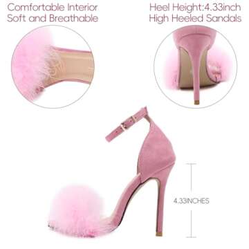 YIBLBOX Women's Feather Heels Open Toe Sandal Fluffy Fur High Heel Shoes Ankle Strap Stiletto Pump for Wedding Party Dance Evening Mother's Day Gift