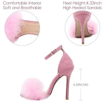 YIBLBOX Women's Feather Heels Open Toe Sandal Fluffy Fur High Heel Shoes Ankle Strap Stiletto Pump for Wedding Party Dance Evening Mother's Day Gift
