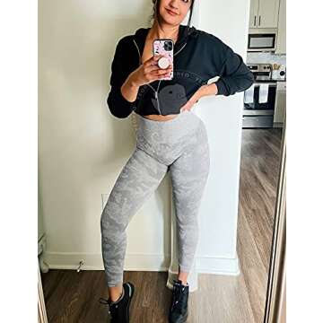 YEOREO Women's Seamless Camo Workout Leggings High Waisted Tummy Control Yoga Pants Gym Compression Tights Grey M