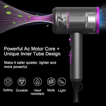 Slopehill Professional Ionic Hair Dryer, Powerful 1800W Fast Drying Low Noise Blow Dryer with 2 Concentrator Nozzle 1 Diffuser Attachments for Home Salon Travel (Grey)