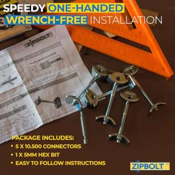 Zipbolt 10.500 Countertop Miter Connector — 5 Piece Joint Fastener Drawbolt Pack with 5mm Hex Bit for Joining Countertops, Butcher Blocks, Furniture, and More - Single-Handed Tightening