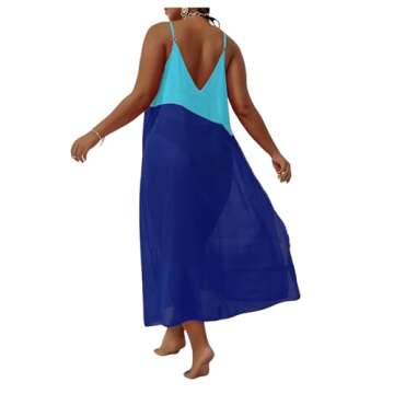 COZYEASE Women's Plus Size Swimsuit Beach Cover Up Dress Color Block Split Hem Spaghetti Strap Beach...