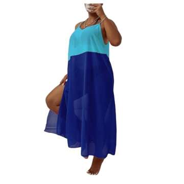 COZYEASE Women's Plus Size Swimsuit Beach Cover Up Dress Color Block Split Hem Spaghetti Strap Beachwear Bathing Suit Blue 3XL