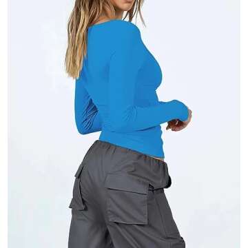 Women’s Slim Fit Going Out Crop Tops Casual Square Neck Long Sleeve Y2k T Shirts Tight Ribbed Stre...