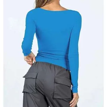 Women’s Slim Fit Going Out Crop Tops Casual Square Neck Long Sleeve Y2k T Shirts Tight Ribbed Streetwear