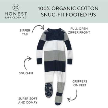 HonestBaby Non-Slip Footed Pajamas One-Piece Sleeper Jumpsuit Zip-Front PJs 100% Organic Cotton for Baby Boys, Jumbo Stripe Navy, 12 Months