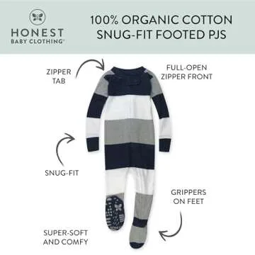 HonestBaby Non-Slip Footed Pajamas One-Piece Sleeper Jumpsuit Zip-Front PJs 100% Organic Cotton for Baby Boys, Jumbo Stripe Navy, 12 Months