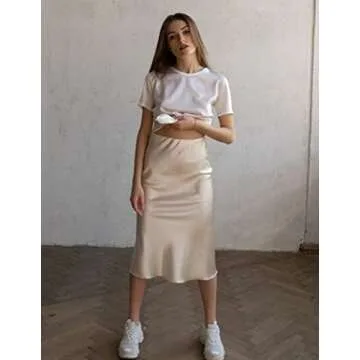 Zeagoo Womens Midi Skirts Satin Zipper High Waisted Skirts Casual Silk Skirt for Work