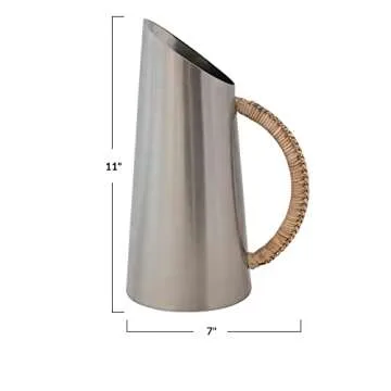 Bloomingville Modern Boho Angled Stainless Steel Rattan Wrapped Handle Pitcher, Silver