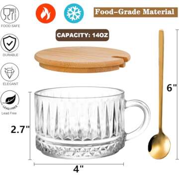 DEAYOU 4 Pack Vintage Glass Coffee Mug, 14 OZ Overnight Oats Containers with Lid and Spoon, Wide Mou...