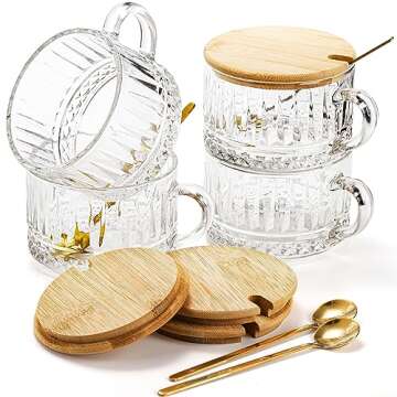 DEAYOU 4 Pack Vintage Glass Coffee Mug, 14 OZ Overnight Oats Containers with Lid and Spoon, Wide Mouth Clear Glass Tea Cup with Handle, Aesthetic Stripe Glassware for Cereal, Yogurt, Dessert, Beverage