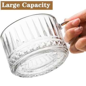 DEAYOU 4 Pack Vintage Glass Coffee Mug, 14 OZ Overnight Oats Containers with Lid and Spoon, Wide Mouth Clear Glass Tea Cup with Handle, Aesthetic Stripe Glassware for Cereal, Yogurt, Dessert, Beverage